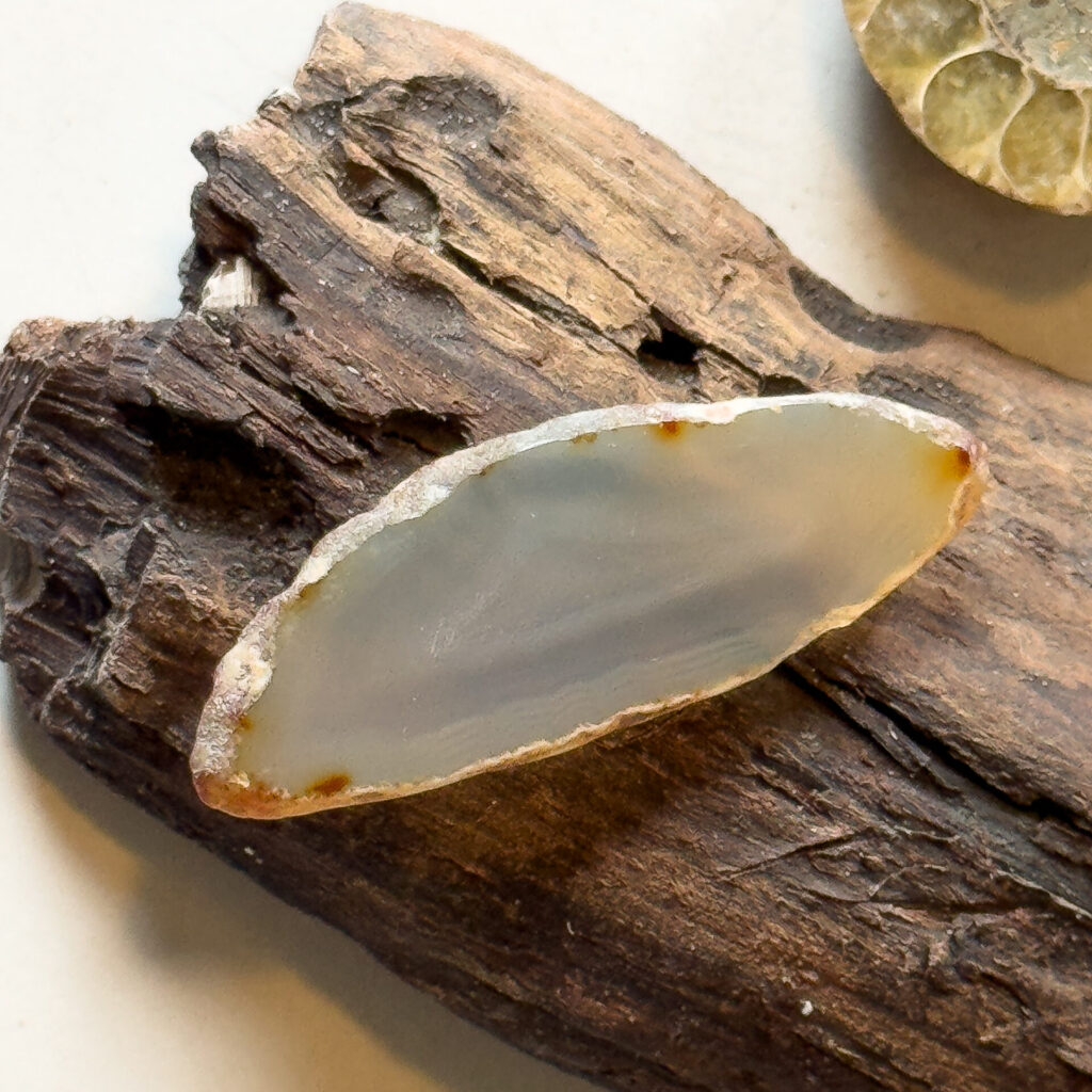 Natural color agate slice displayed on a piece of driftwood used for handmade macrame jewelry designs