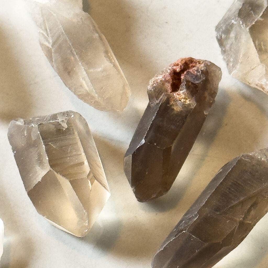 Smoky quartz crystals in darker and lighter tones